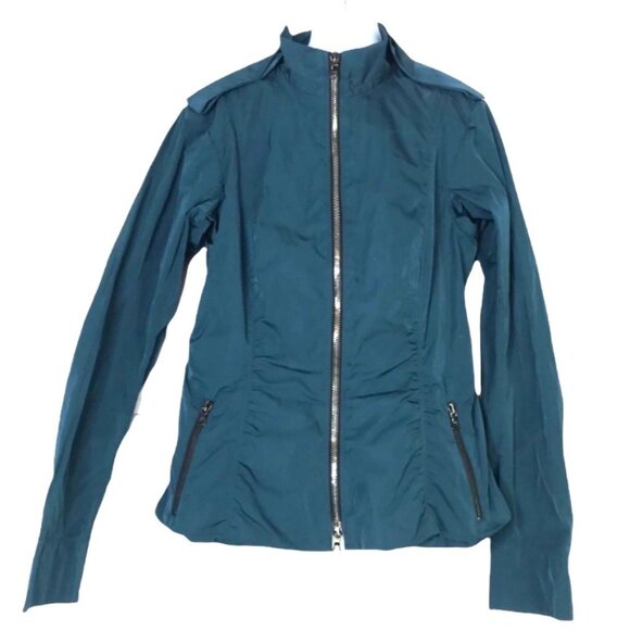 Lida Baday Zip Up Mock Neck Fitted Jacket 2 Teal Peacock Blue Made in Canada - Picture 2 of 6